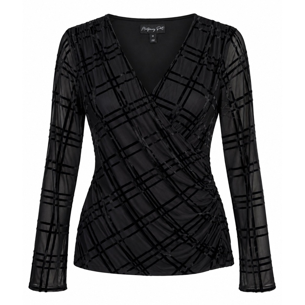 Montgomery Post Womens Black Velvet Burnout Plaid Mesh‎ Wrap Top Medium NWT